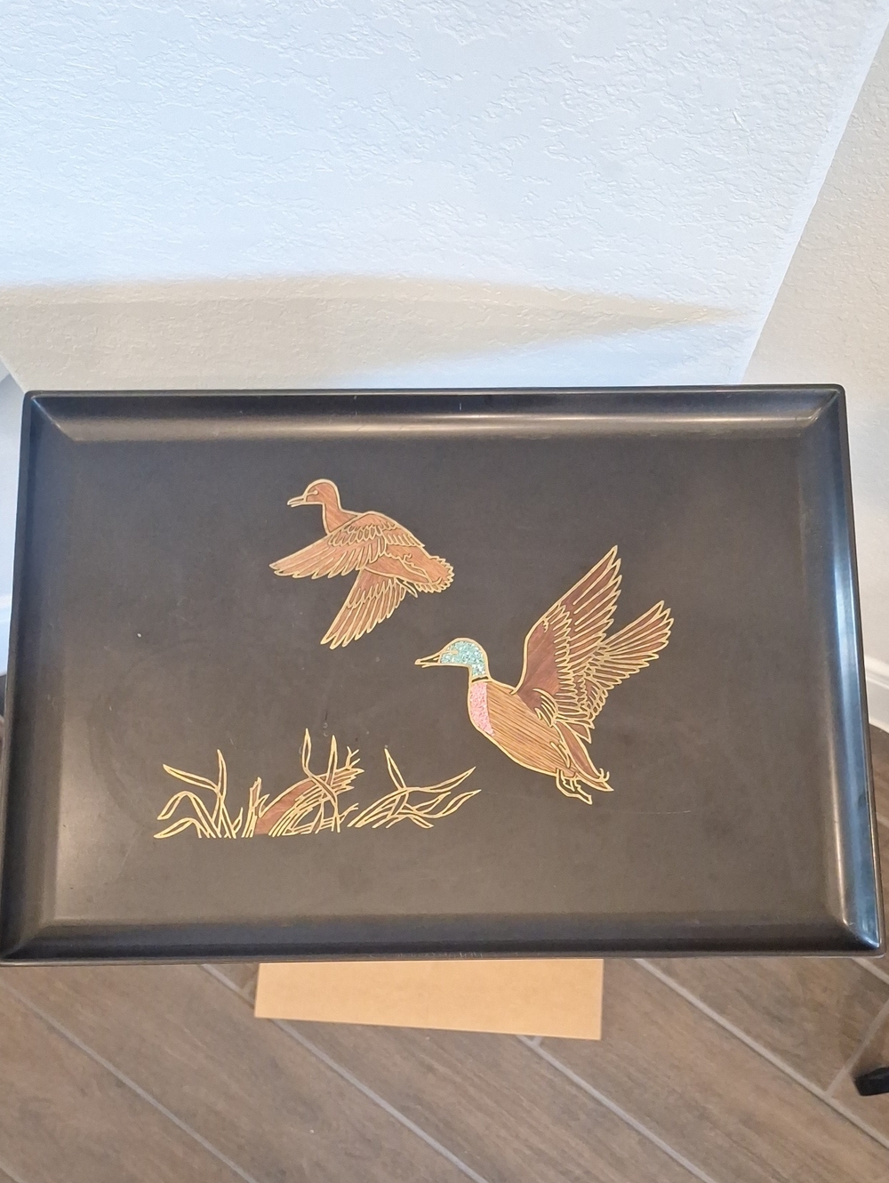Vintage Couroc Of Monterey California Black Tray With Ducks Stone & Wood Inlay
